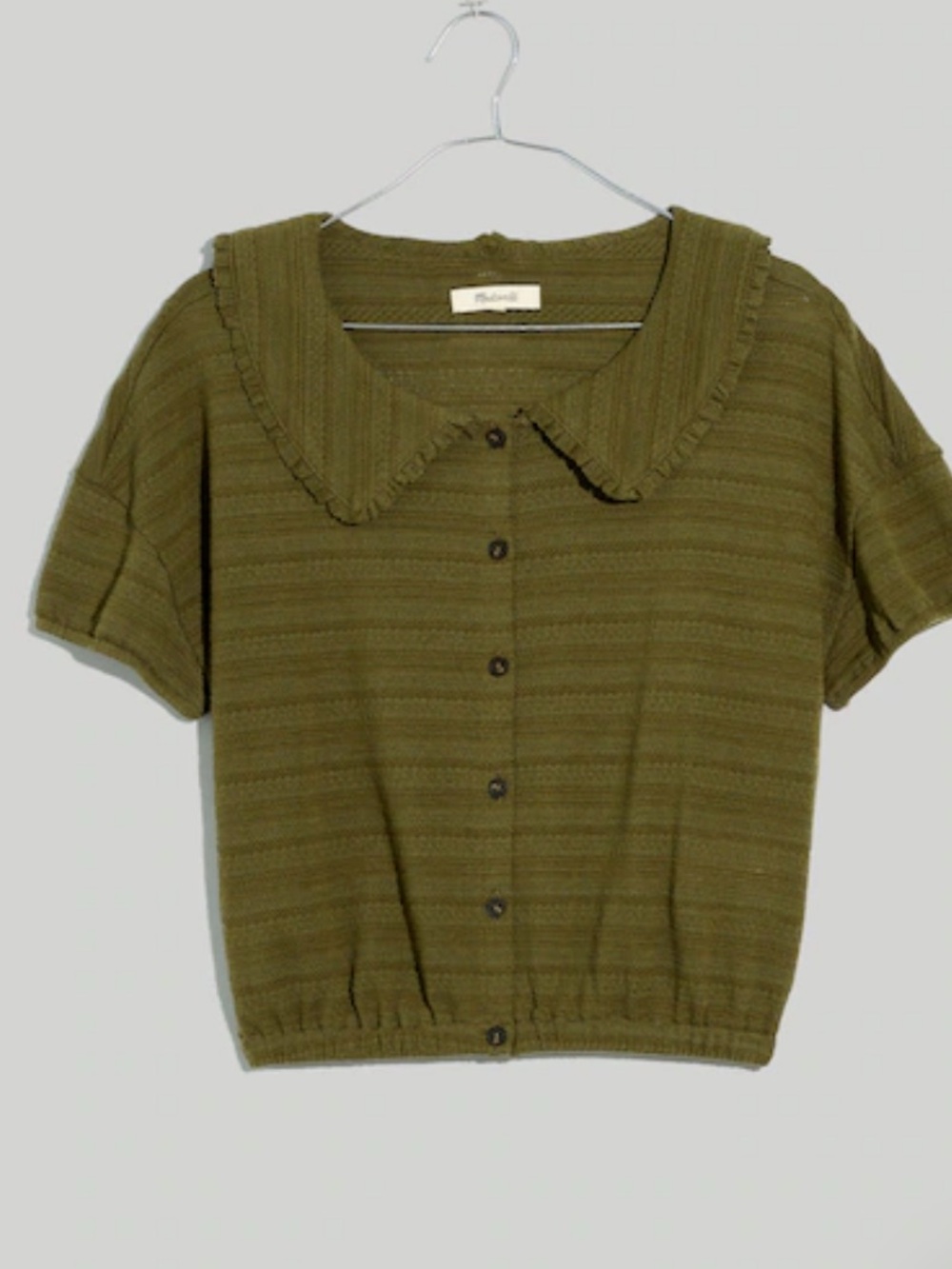Madewell Button-Front Short Sleeve Ruffle-Collared crop Top in Olive Green